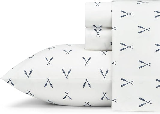 Eddie Bauer - Full Sheets, Cotton Percale Bedding Set, Crisp & Cool Home Decor, Dorm Room Essentials (Eddies Oar Blue, Full)