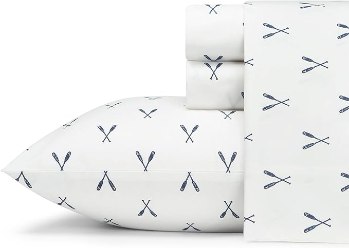 Eddie Bauer - Twin Sheet Set, Cotton Percale Bed Sheets, Crisp & Cool, Ideal Dorm Essentials (Eddies Oar White, Twin)