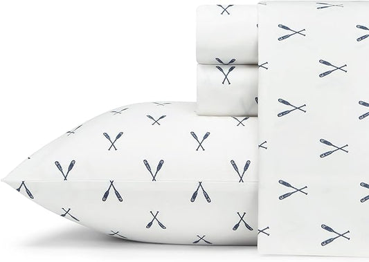 Eddie Bauer - Twin Sheet Set, Cotton Percale Bed Sheets, Crisp & Cool, Ideal Dorm Essentials (Eddies Oar White, Twin)