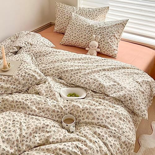 mixinni Boho Floral Girls Duvet Cover Set Twin Size Soft Cotton Comforter Cover Set Farmhouse Shabby Chic Flower Duver Cover for Women, 1 Cute Floral Duver Cover and 2 Pillowcases for All Seasons