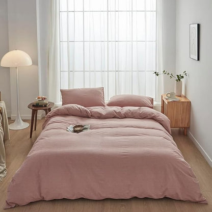 FACE TWO FACE Bedding Duvet Cover Set100% Washed Cotton Duvet Cover Linen Like Textured Breathable Durable Soft Comfy (Twin, Old Pink)