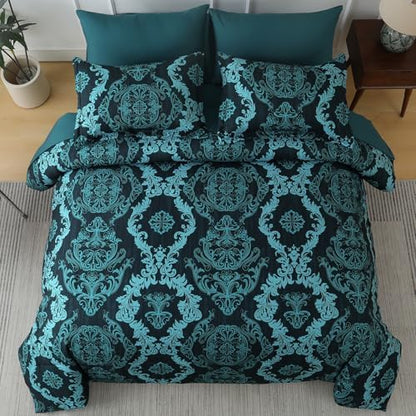 WONGS BEDDING 7 Piece King Comforter Set, Teal Texture Breathable Microfiber Comforter Bedding Set for All Season, Damask Bed in a Bag with Comforter, Flat Sheet, Fitted Sheet, Pillowcases & Shams