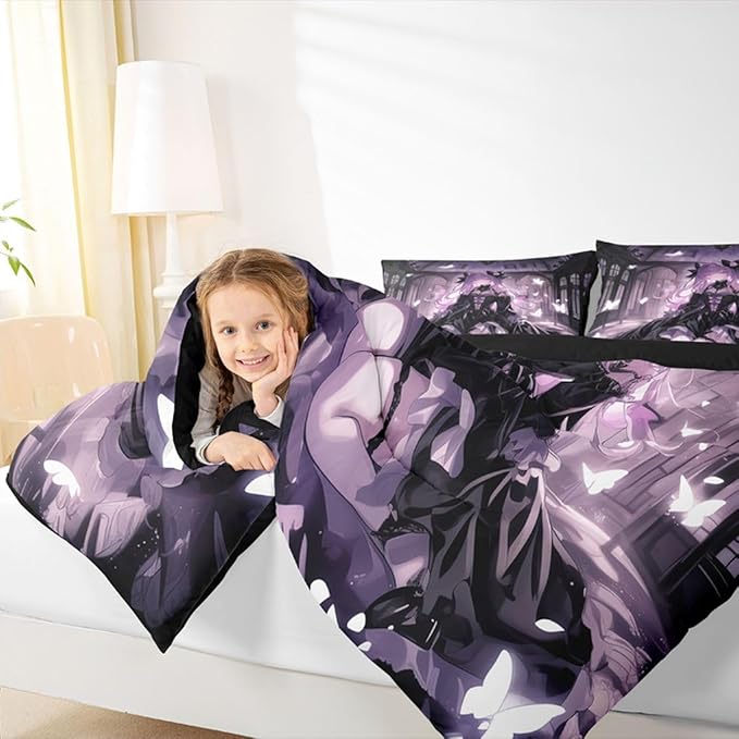 Erosebridal 3D Girly Kids Comforter Set | Japanese Girl Bedding Full Size Anime Gifts Down Comforter Purple Dreamy Butterfly Print Duvet Set for Bedroom