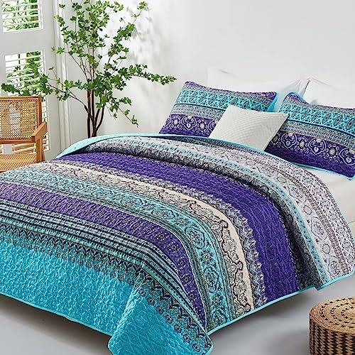 WONGS BEDDING Boho Full Quilt Bedding Set, 3 Pieces Soft Bedspread, Blue