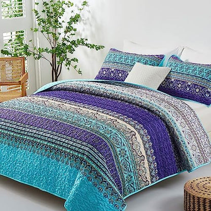 WONGS BEDDING Boho Full Quilt Bedding Set, 3 Pieces Soft Bedspread, Blue