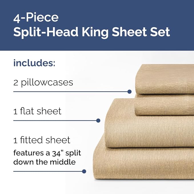 Flex Top Split Head King 4 Piece Sheet Set - Comfy Breathable & Cooling Bed Sheets Set - Hotel Luxury Bedding for Women, Men, Kids, Teens, Boys & Girls - Deep Pockets, Soft - Oeko-Tex - Heathered Tan