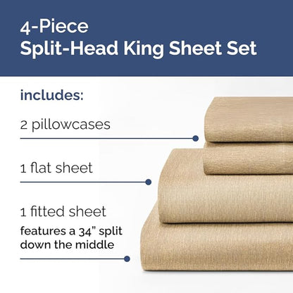 Flex Top Split Head King 4 Piece Sheet Set - Comfy Breathable & Cooling Bed Sheets Set - Hotel Luxury Bedding for Women, Men, Kids, Teens, Boys & Girls - Deep Pockets, Soft - Oeko-Tex - Heathered Tan