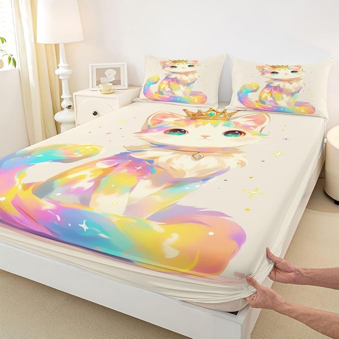 3D Anime Cat Bedding Set for Animal Lovers Cartoon Lovely Cat Fitted Sheet Twin, Kawaii Colorful Pet Bed Sheets for Girls Boys Kids Cartoon Gifts Decor for Bedroom, 1 Fitted Sheet 1 Pillowcase