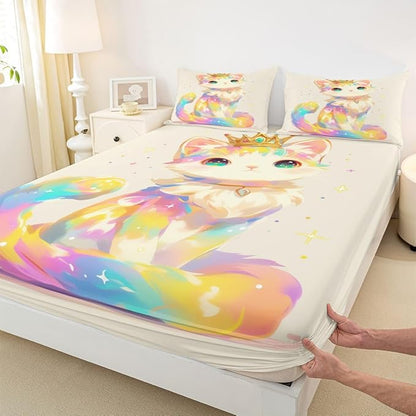 3D Anime Cat Bedding Set for Animal Lovers Cartoon Lovely Cat Fitted Sheet Full, Kawaii Colorful Pet Bed Sheets for Girls Boys Kids Cartoon Gifts Decor for Bedroom, 1 Fitted Sheet 2 Pillowcases