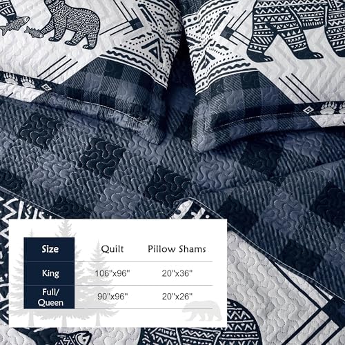3 Piece Cabin King Size Quilt Sets Farmhouse Rustic Reversible Microfiber Soft Lightweight Bedspread Comforter with 2 Shams Patchwork Country Lodge Bedding Quilts Set for All Season, 106''x96'', Blue