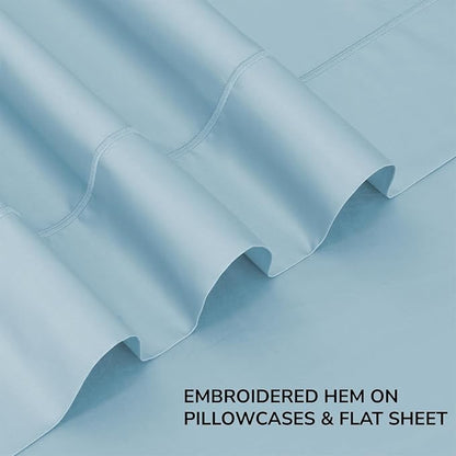 Feather & Stitch 500 TC Twin Size 3pc Damask Bed Sheet Set, 100% Soft Cotton Breathable Bedsheets, 18" Deep Pockets Sateen Weave Striped Bedding Mattress Resort Hotel Luxury Decor - (Feather Blue)