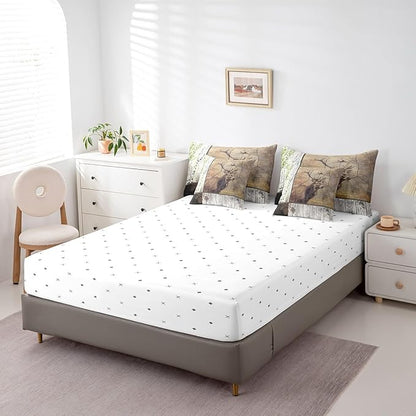 Elk Deer Bed in a Bag King Size Comforter Set 7 Pieces,Xmas Moose Reindeer Bedding Sets Birch Trees Sheet Set with Comforter