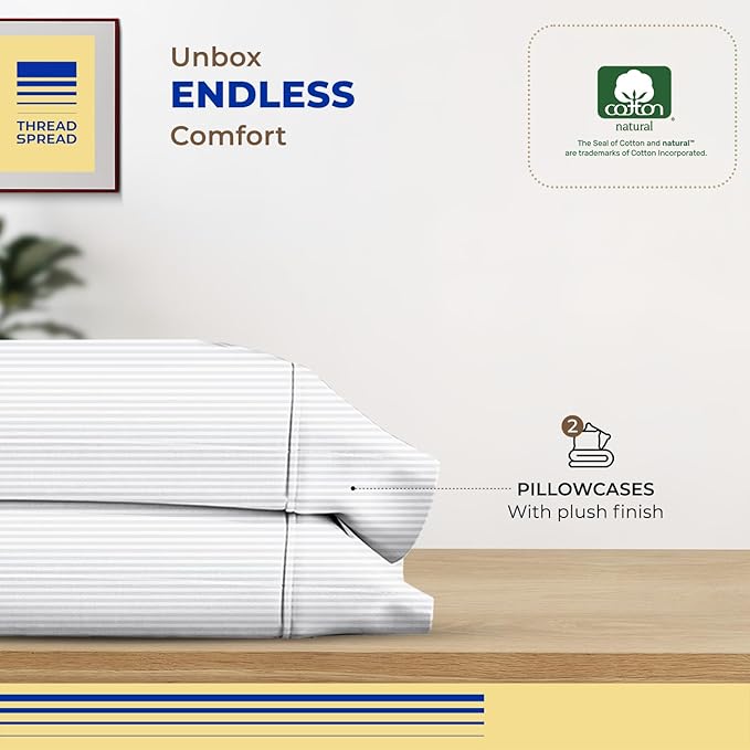 Thread Spread 100% Egyptian Cotton Pillow Cases Queen Size Set of 2 - Luxury 600 Series Bliss Collection Queen Pillow Cases (White Stripe), Soft Cooling Hotel Cotton Pillowcases, Sateen Finish