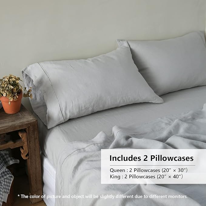 Simple&Opulence 100% French Linen Pillowcase Queen Size-Set of 2- Washed Solid Color Pillow Cases Embroidered -Soft and Durable (Grey, 20''x30'')