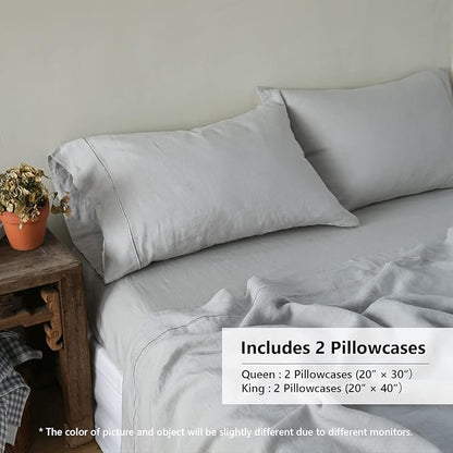 Simple&Opulence 100% French Linen Pillowcase King Size-Set of 2- Washed Solid Color Pillow Cases Embroidered -Soft and Durable (Grey, 20''x40'')