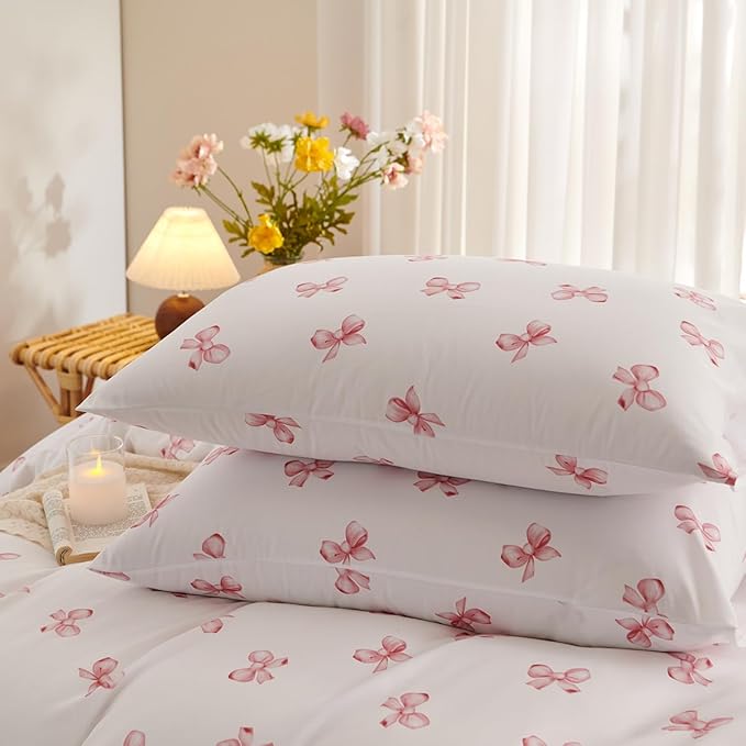 White Comforter Set Full Size - Pink Bow Quilt Bedding Set 3 Pieces, Comforter Set Full, Soft & Lightweight Comforter(79‘’ x 90‘’) for Girl All Season & 2 Pillowcases(30‘’x20‘’)