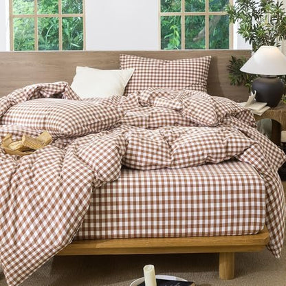 MooMee Gingham Duvet Cover Set 100% Washed Cotton Linen Like