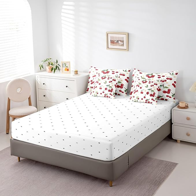 Cherry Twin Comforter Set with Sheets Bed in a Bag 7 Pcs,Red Cherry Fruits Rustic Style Bed Set,Watercolor Daisy Flowers Bedding Sets with Comforter,Flat,Fitted Sheet,Pillowcases,Pillow Covers