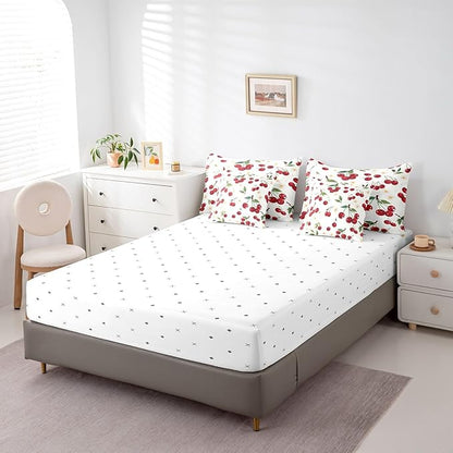 Cherry King Comforter Set with Sheets Bed in a Bag 7 Pcs,Red Cherry Fruits Rustic Style Bed Set,Watercolor Daisy Flowers Bedding Sets with Comforter,Flat,Fitted Sheet,Pillowcases,Pillow Covers