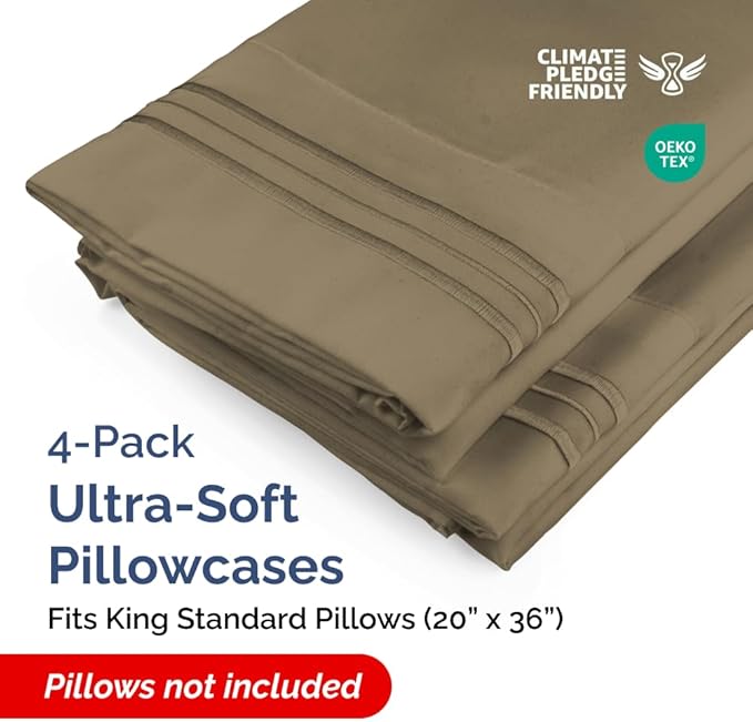 King Standard Pillow Cases Set of 4 - Soft Hotel Quality Pillowcase Covers - Comfy Bedding for Women, Men, Kids & Teens - Machine Washable Pillow Protectors - 4 Piece Set - King Standard Size Khaki