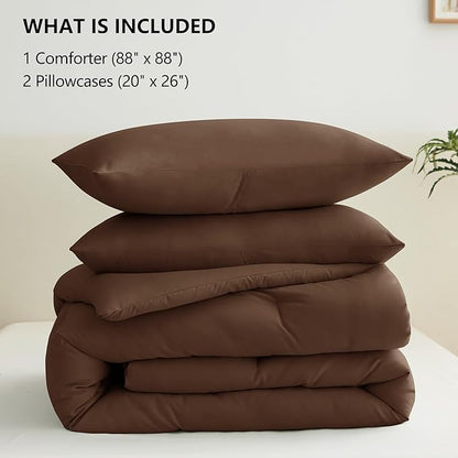 CozyLux Queen Comforter Set Brown, 3 Pieces Solid Comforters Queen Size Breathable Quilted Bedding Sets, Luxury Soft Lightweight Bed Set with Down Alternative Comforter and 2 Pillowcases All Seasons