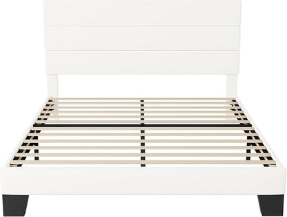 Allewie Full Size Platform Bed Frame with Velvet Upholstered Headboard | Wooden Slats Support, Fully Upholstered Mattress Foundation, No Box Spring Needed, Easy Assembly, Noise-Free, White