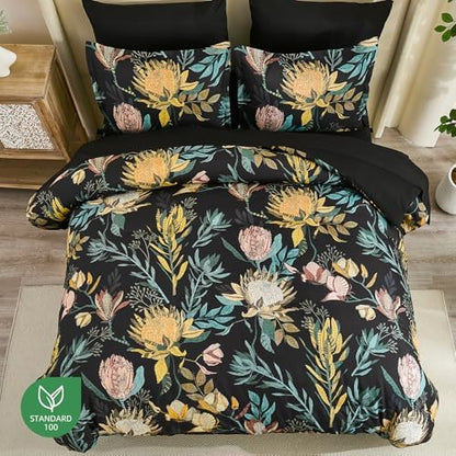 Luxudecor Queen Comforter Set 7 Pieces Bedding Sets, Black Floral Comforter and Sheet Set, Soft Microfiber Bed in a Bag for All Seasons (Black,90"x90")