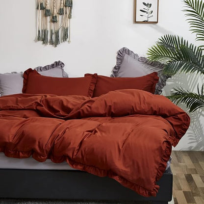 CLOTHKNOW Burnt Orange King Size Comforter Set Ruffle Bedding Comforter Sets Shabby Chic Vintage Rustic Comforter with 2 x Pillow Cases