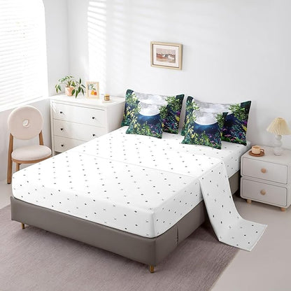 Erosebridal Botanical 7 Piece Comforter Set Full Bed in a Bag,Jungle Plant Leaves Galaxy Bedding Sets Stars and Moon Sheet Set with Comforter