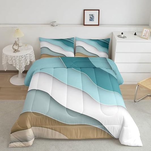 Abstract Ombre Comforter Set Ocean Waves Bedding Set Decor Blue Sea and Beach Quilt Set Tropical Summer Contemporary Duvet Insert Teens Kids Adults Room Decor 2pcs Twin Size