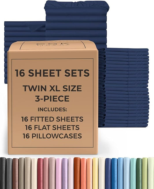Bulk Case Pack of 16 Sheet Sets - (16) Complete Twin XL Size Sheet Sets w/ Deep Pockets - Wholesale Bulk Bedding for Hotels, Spas & Airbnbs - Breathable, Cooling & Wrinkle Free - (Twin XL, Navy Blue)