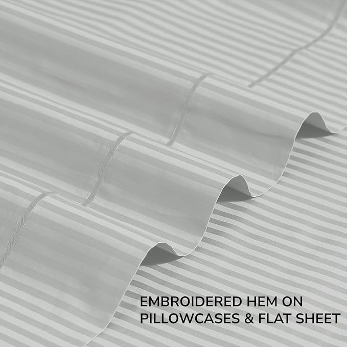 Feather & Stitch 500 TC King Size Damask Bed Sheet Set, 100% Cotton Soft Breathable Bedsheets, 4 Piece 18" Deep Pockets Sateen Weave Striped Bedding Mattress Resort Hotel Luxury - (Blue Blush Stripe)
