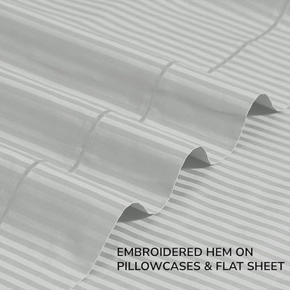 Feather & Stitch 500 TC Full Size Damask Bed Sheet Set, 100% Cotton Soft Breathable Bedsheets, 4 Piece 18" Deep Pockets Sateen Weave Striped Bedding Mattress Resort Hotel Luxury - (Blue Blush Stripe)