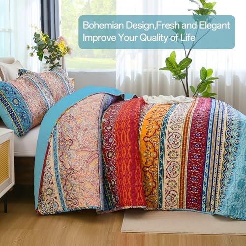 WONGS BEDDING Blue Quilt King Size, Boho Stripe Bedding Set