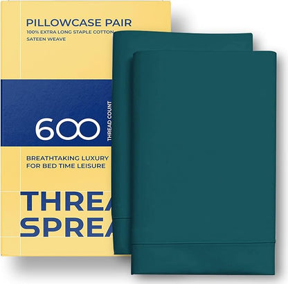 Thread Spread 100% Egyptian Cotton King Size Pillow Cases Set of 2 - Luxury 600 Series Bliss Collection Pillow Cases King Size (Teal), Soft Cooling Hotel Cotton Pillowcases, Sateen Finish