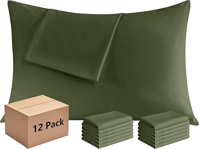 Pillowcases Queen 12 Pack, 20x30 Pillow Cases with Envelope Closure, Soft Plain Brushed Microfiber Covers Breathable Wrinkle-Resistant, Olive Green