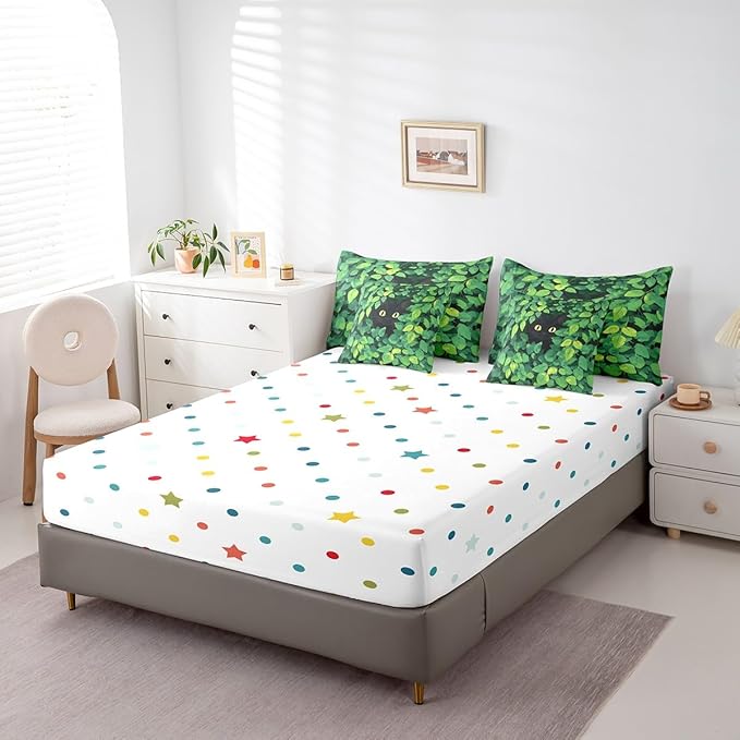 jejeloiu Cute Cat Bedding Set 7Pcs Queen Size Kids Kawaii Kitten Comforter Set with Sheets for Boys Girls Green Plant Bed in a Bag Soft Lightweight,Microfiber
