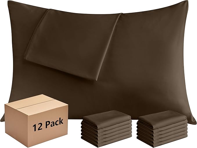 Pillowcases Queen 12 Pack, 20x30 Pillow Cases with Envelope Closure, Soft Plain Brushed Microfiber Covers Breathable Wrinkle-Resistant, Brown