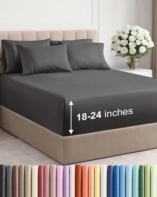Extra Deep King Sheet Set - 6 Piece Breathable and Cooling Sheets - Hotel Luxury Bedding for Women, Men, Kids & Teens - Easy & Secure Fit - Soft, Wrinkle Free and Comfy - Extra Deep Pockets - Charcoal