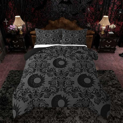 Feelyou Adults Gothic Comforter Set King Size Dark Olive Green Damask Bedding Set for Kids Boys Girls Sun and Moon Duvet Quilt Bedroom Decor Microfiber 3 Pcs with 2 Pillow Cases