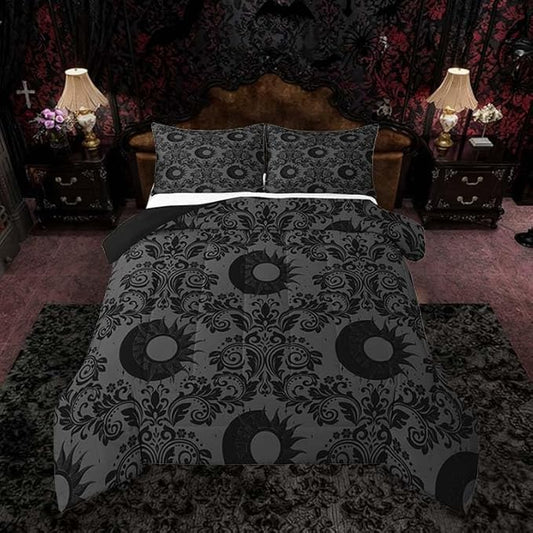 Feelyou Adults Gothic Comforter Set King Size Dark Olive Green Damask Bedding Set for Kids Boys Girls Sun and Moon Duvet Quilt Bedroom Decor Microfiber 3 Pcs with 2 Pillow Cases