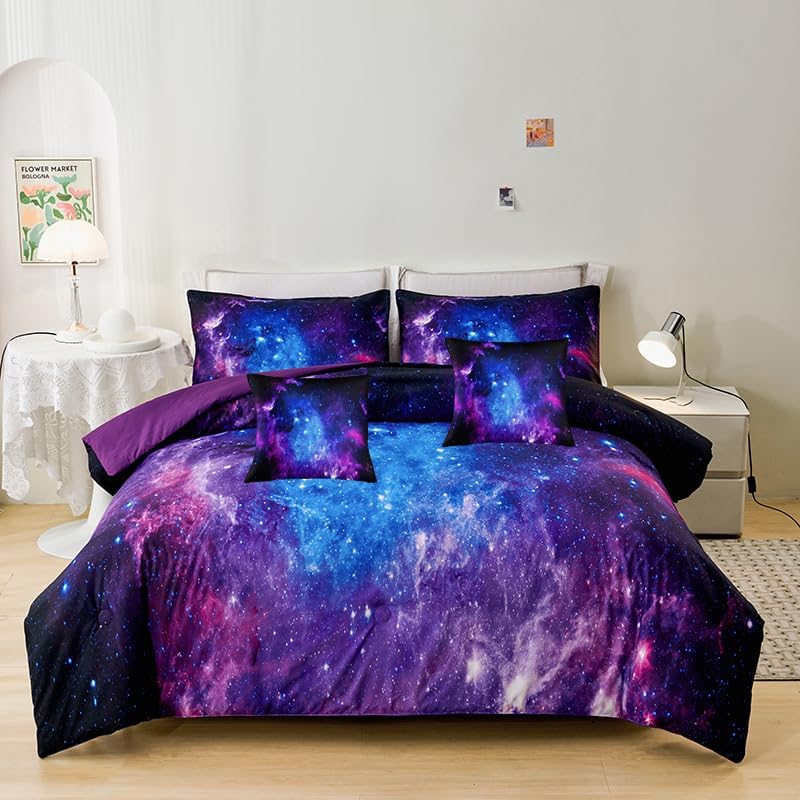 Galaxy Comforter Sets Twin 7PCS,Purple Comforter Set,Girls Bed Sets,Bed in a Bag with Flat Sheet and Fitted Sheet,Pillowcases,Cushion Covers for Girls,Purple Galaxy Twin Bedding Sets