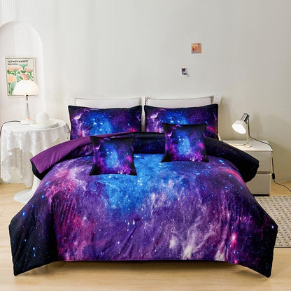 Galaxy Comforter Sets Twin 7PCS,Purple Comforter Set,Girls Bed Sets,Bed in a Bag with Flat Sheet and Fitted Sheet,Pillowcases,Cushion Covers for Girls,Purple Galaxy Twin Bedding Sets