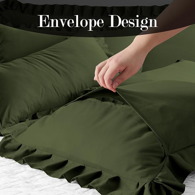 Ruffled Body Pillow Pillowcases Set of 2 – Soft Wrinkle Resistant Brushed Microfiber Body Pillowcases –Envelope Pillow Shams Festive Gift for Hotels, Guest Rooms 20x54 Inch (Olive Green)