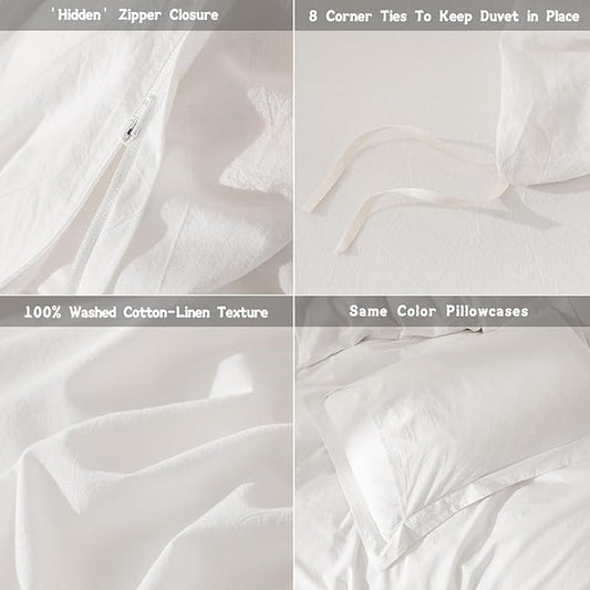 Off White Duvet Cover Oversize Queen Size 100% Washed Cotton Bedding Set Cover 1 Duvet Cover Zipper Closure and 2 Pillowcases, 98inch x 98inch