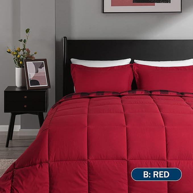 downluxe Lightweight Plaid Comforter Set (Queen) with 2 Pillow Shams - 3-Piece Set - Red/Black Plaid - Down Alternative Reversible Comforter