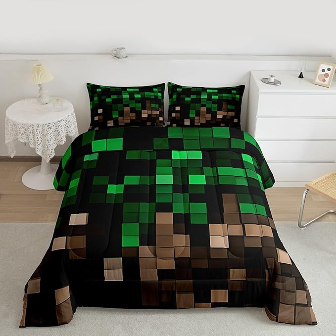 Manfei Miners Pixel Checked Girls Bedding Set Twin Size,Video Games Check Lattice Comforter Set,Game Cartoon Gamepad Quilt Comforter Girls Boys Teens,Green Brown Room Decor All Season,1 Pillowcase