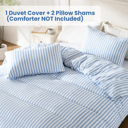 ROSE&RISY Blue Queen Duvet Cover Set, 3 Pieces Soft Bedding Queen Set, Breathable and Cooling,Includes 1 Duvet Cover, 2 Pillow Cases (Blue Stripe, Queen)