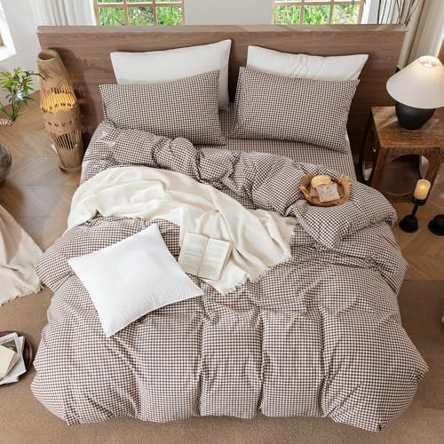MooMee Gingham Duvet Cover Set 100% Washed Cotton Linen Like