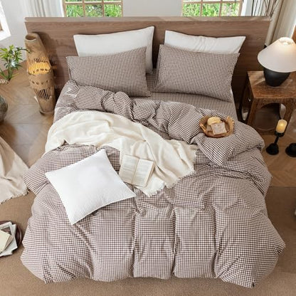 MooMee Gingham Duvet Cover Set 100% Washed Cotton Linen Like